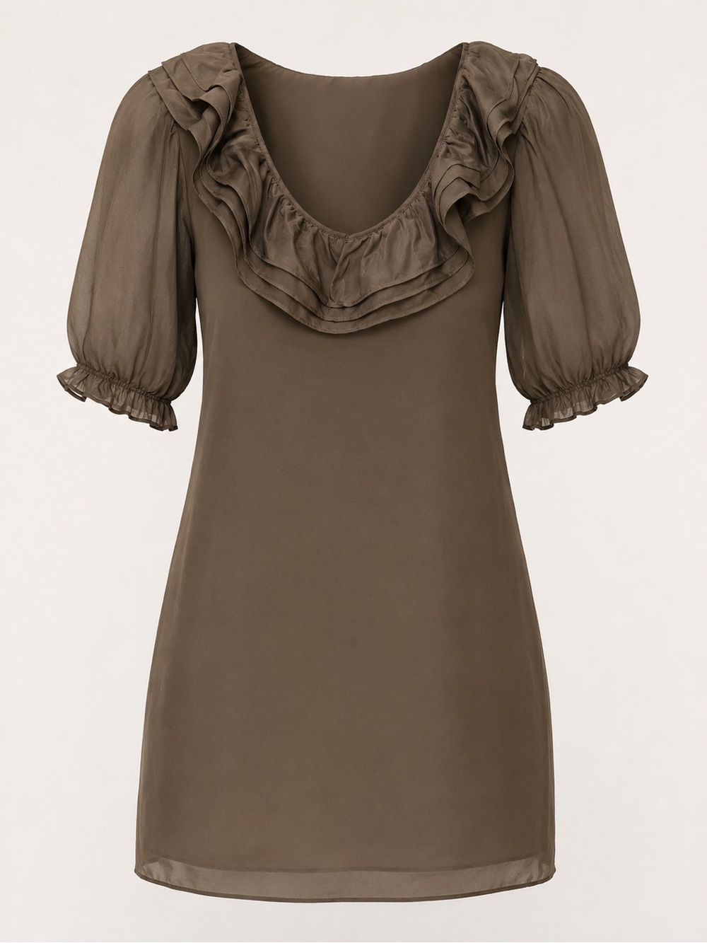 Jenny Han Brown Taupe Silk Ruffle Shift Dress Puff Sleeve Mini Size S Babydoll